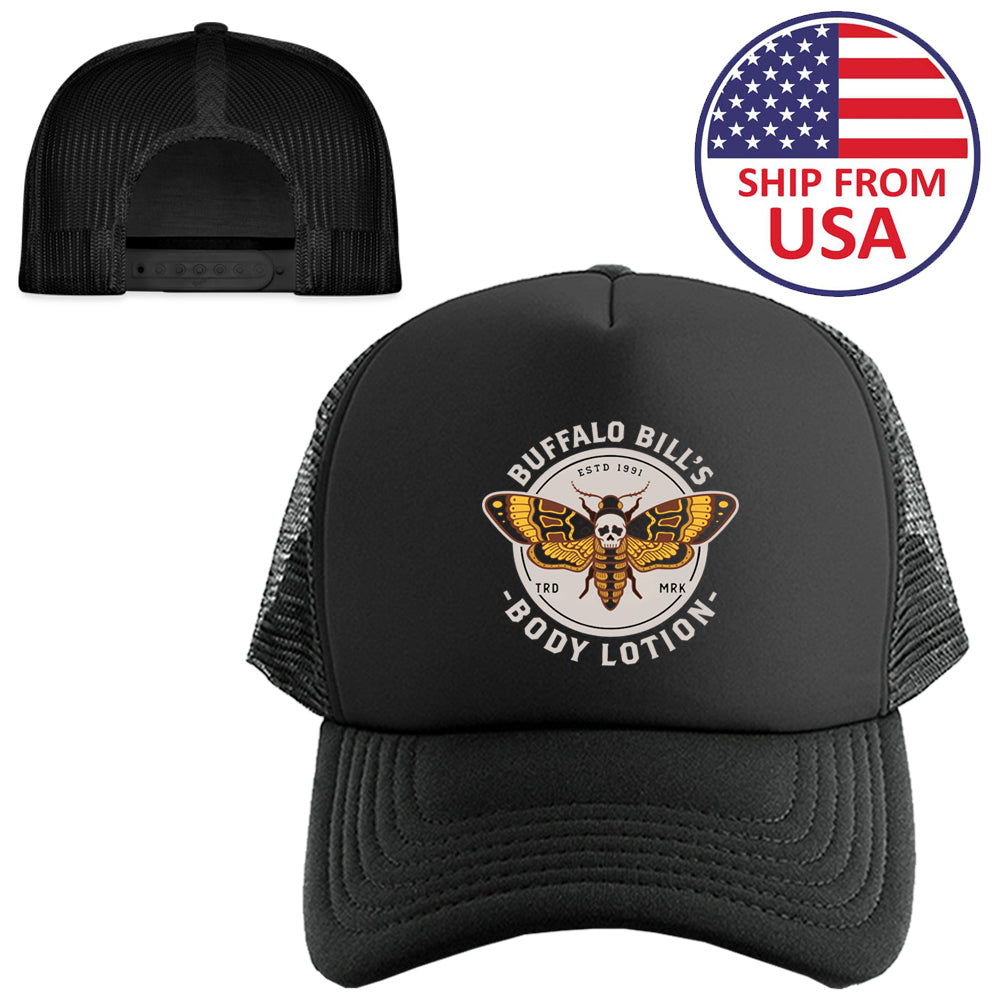Buffalo Bill's Body Lotion Butterfly Logo Symbol Black Trucker Hat Cap