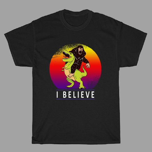 I Believe in Big Foot and Dinosaur Funny Cartoon Black T-Shirt