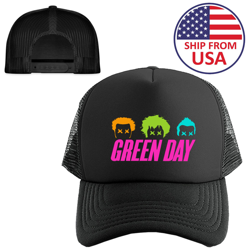 Green Day an American Punk Rock Band Uno Dos Tre Logo Symbol Black Trucker Hat Cap