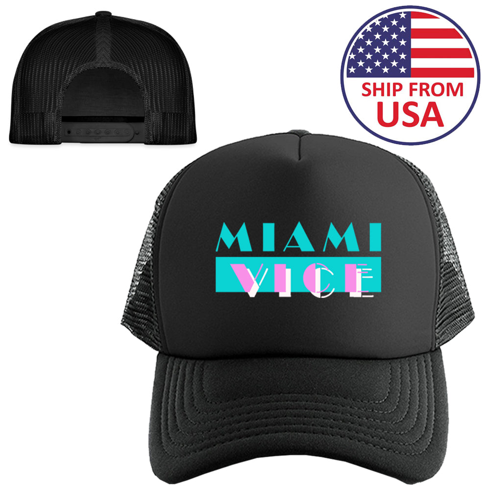 Miami Vice Logo Don Johnson 90's TV Show Symbol Black Trucker Hat Cap