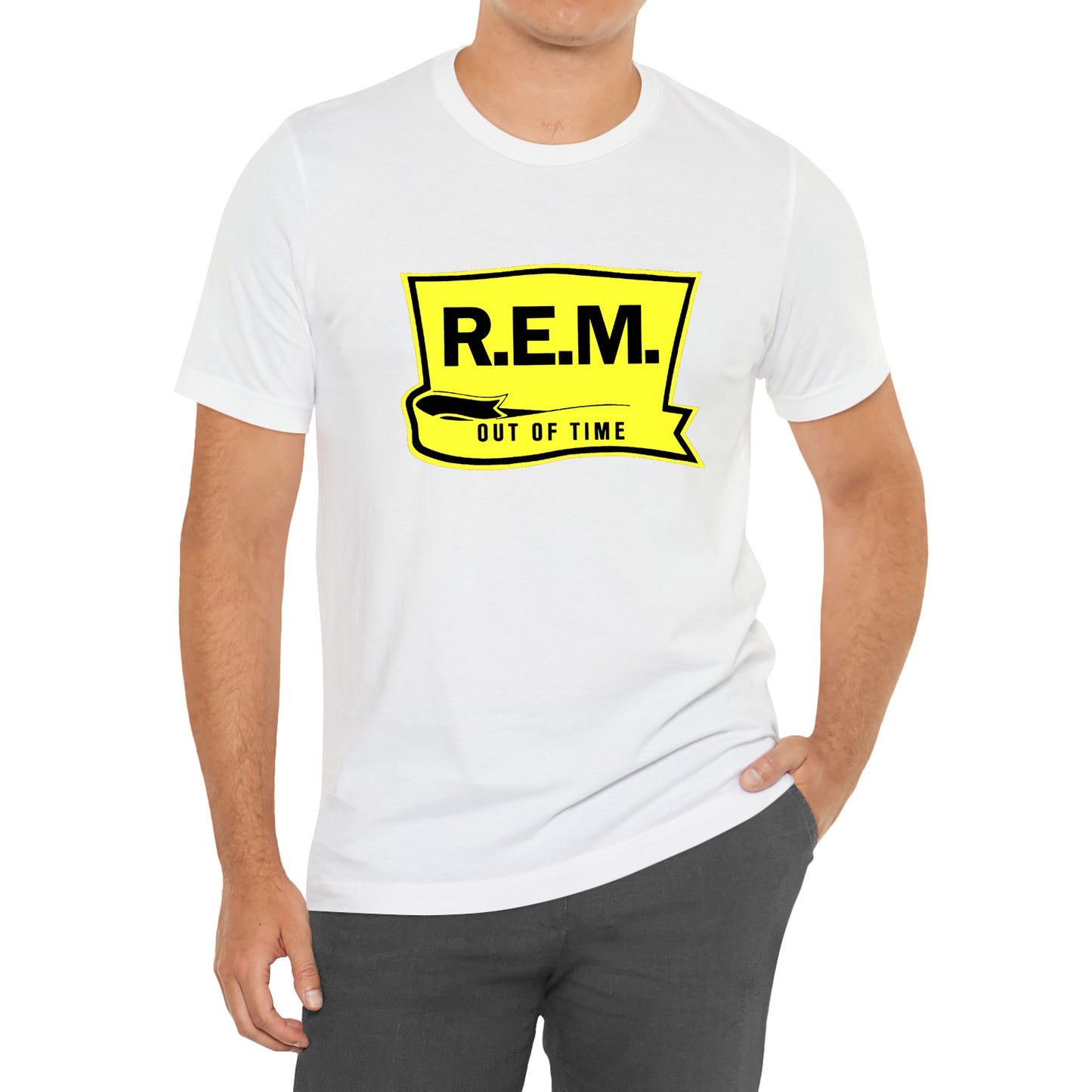 R.E.M.  American Alternative Rock Band Out of Time Logo Symbol White T-Shirt Size S to 3XL