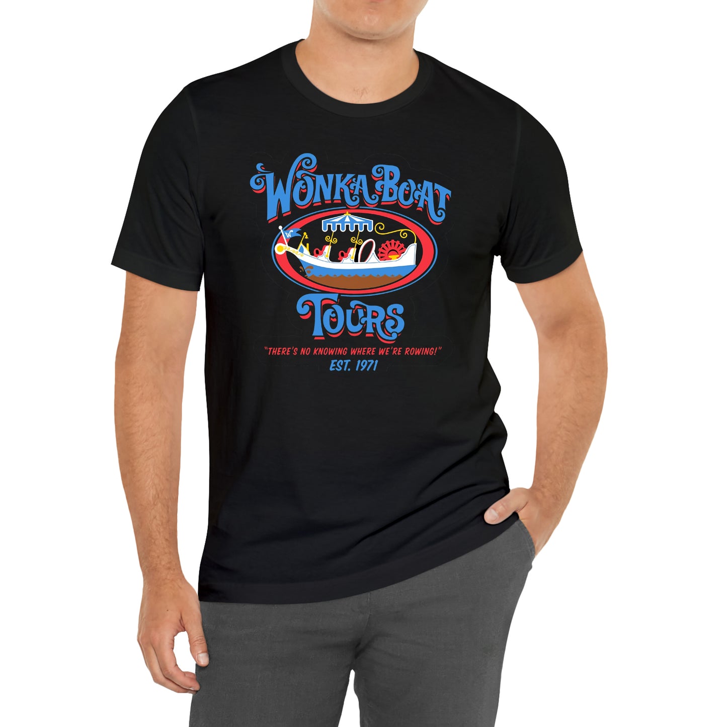 Wonka Boat Tour Logo Willy Wonka Movie Black T-Shirt Size S to 3XL